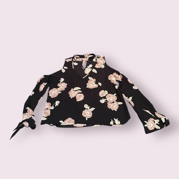 Women's Cupcakes & Cashmere Black Blouse with Pink Floral Cold Shoulder Design - Picture 1 of 11